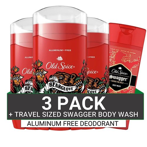 Old Spice Deodorant for Men - Aluminum Free, 24/7 Odor Protection, Bearglove Scent, 3 oz | Includes Travel Size Swagger Body Wash (Pack of 4)