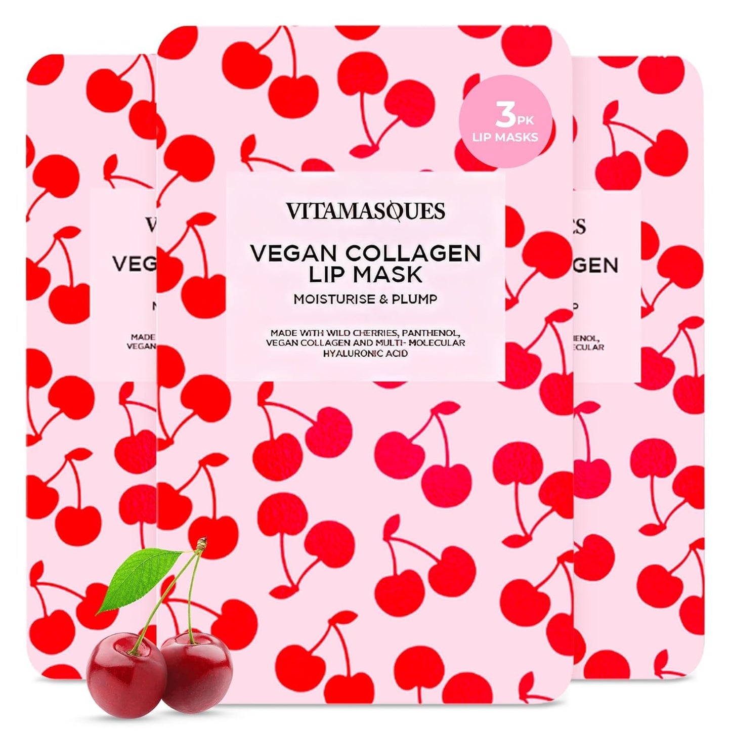 Vitamasques Lip Mask - 3-Pack Cherry Vegan Collagen Sheets for Dry, Chapped Lips | Nourishing & Hydrating with Wild Cherries & Hyaluronic Acid