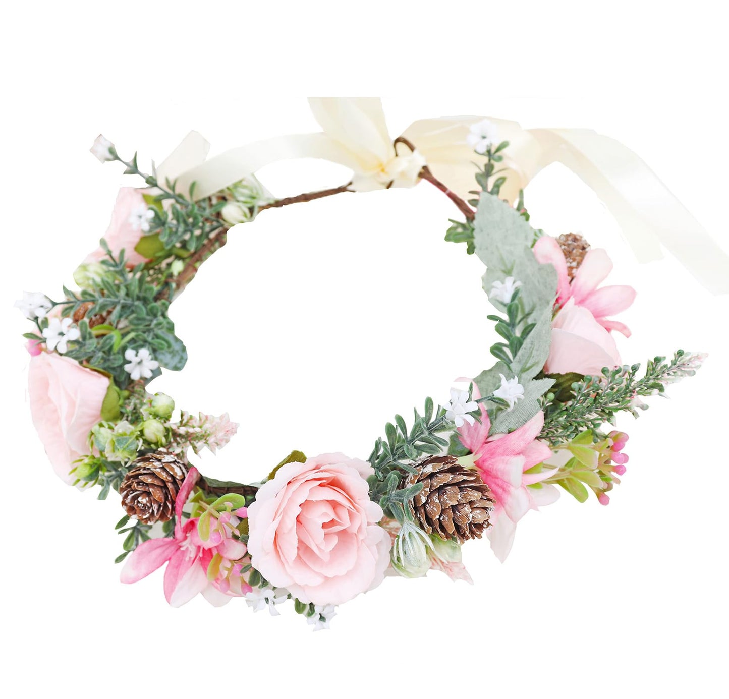 Vivivalue Floral Crown Girl Flower Headband Hair Wreath Floral Headpiece Halo Boho with Ribbon Wedding Party Festival Photos