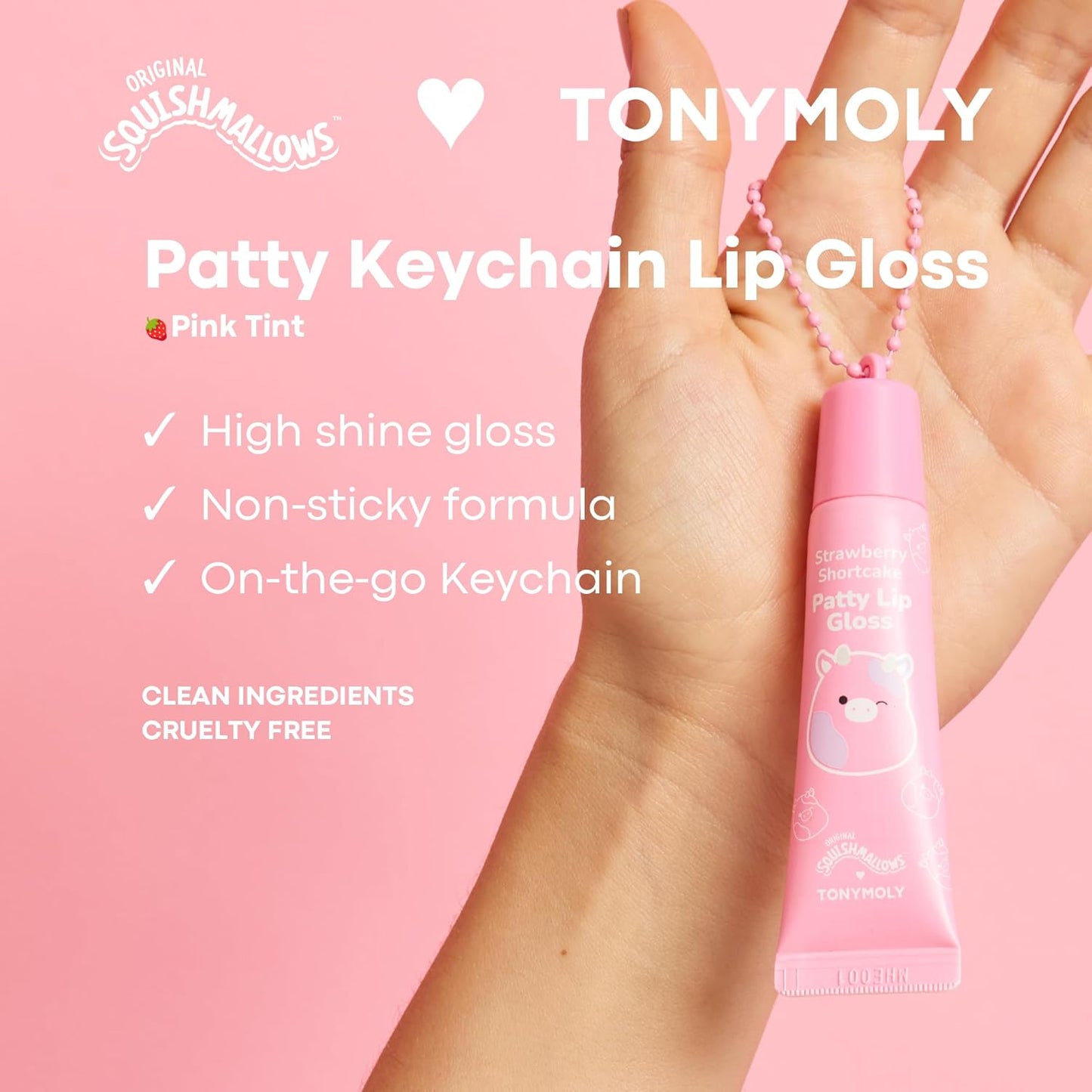 TONYMOLY Patty Keychain Lip Gloss - Hydrating Strawberry Shortcake Sheer Pink, Non-Sticky, 11ml