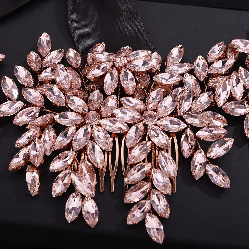 Teyglen Women Dainty Large Full Pink Rhinestones Flower Bride Wedding Hair Comb Headband Luxurious Hair Accessories Shiny Rhinestones Crystals Bridal Side Hair Combs for Women Bride Girls (Rose Gold-Pink Rhinestones)