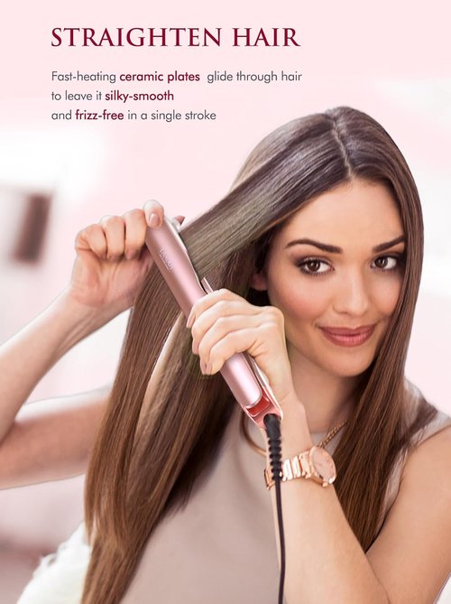 LANDOT 2-in-1 Hair Straightener & Curler - Fast Heating Ceramic Iron, 12 Temp Settings, Rose Gold