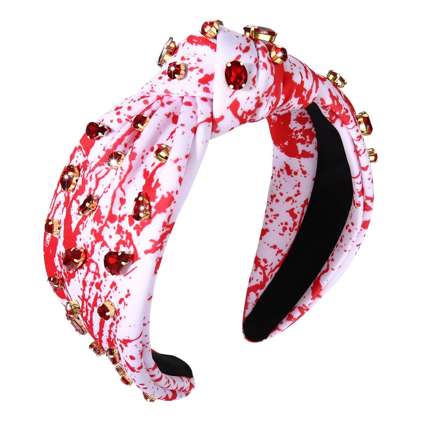 Halloween Crystal Knotted Headband for Women Rhinestone Jeweled Embellished Blood Splatter Print Wide Top Knot Hairband Halloween Costume Party Hair Accessory