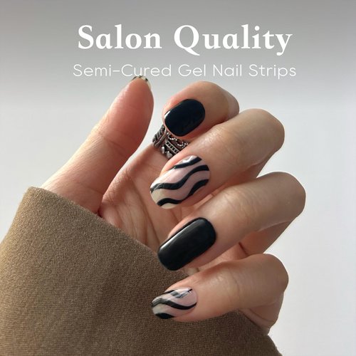Beaolata Semi Cured Gel Nail Strips - Gel Nail Stickers with uv Light - Nail Polish Strips - 20 Gel Nail Wraps - Gel Nail Strips - Long Lasting Salon Quality (Off Boardway Black)