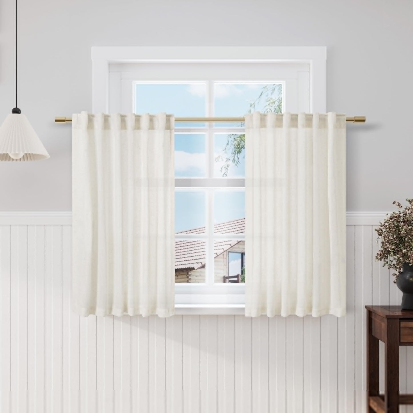 Nanspring Natural Linen Curtains for Kitchen Windows Over Sink - Cafe Curtain Semi Sheer with Rod Pocket and Back Tab Lightweight Rustic Textured Bistro Curtains for Bathroom, 2 Panels 25 x 24 Inch