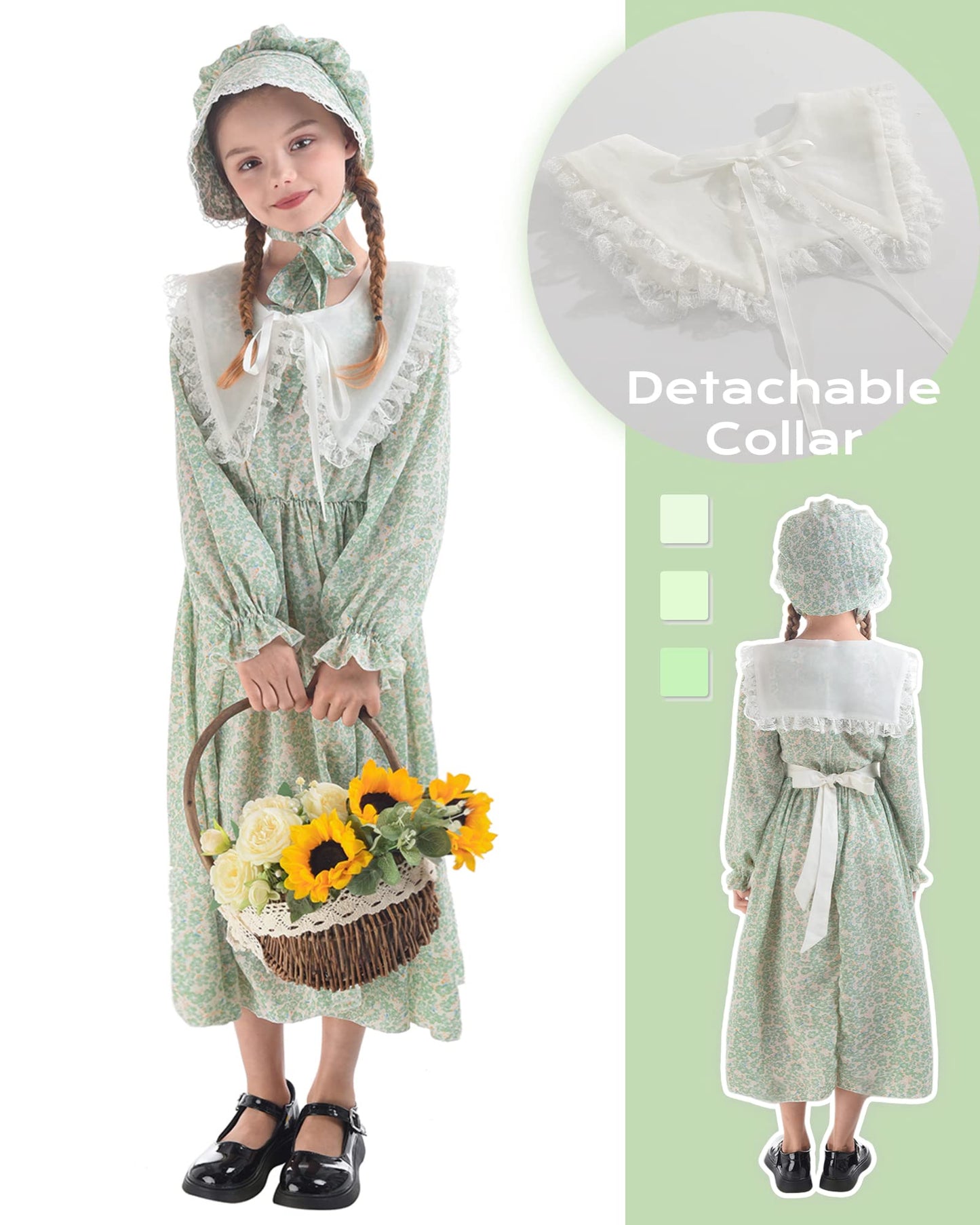 NSPSTT Colonial Costume Girls Prairie Dress Long Sleeve Pioneer Dresses for Girls Pioneer Bonnets Girl, Green, L age over 4 years old