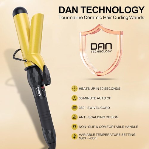 DAN Technology Curling Iron Wand - 1½ Inch Tourmaline Ceramic for Loose Waves | Fast Heating, LCD Display, Auto Shut-Off, Black & Gold