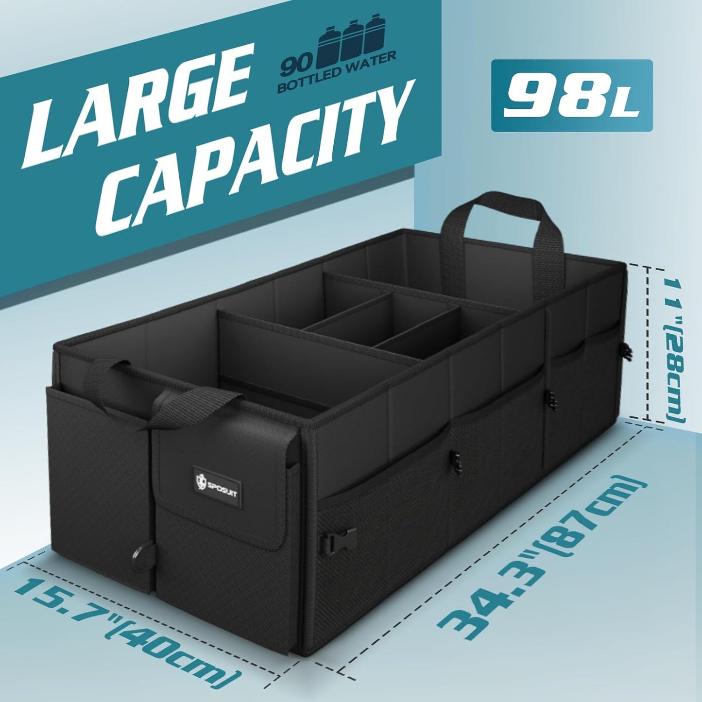 Sposuit Extra Large Trunk Organizer - 98L Collapsible Car Storage with Removable Dividers & Adjustable Straps