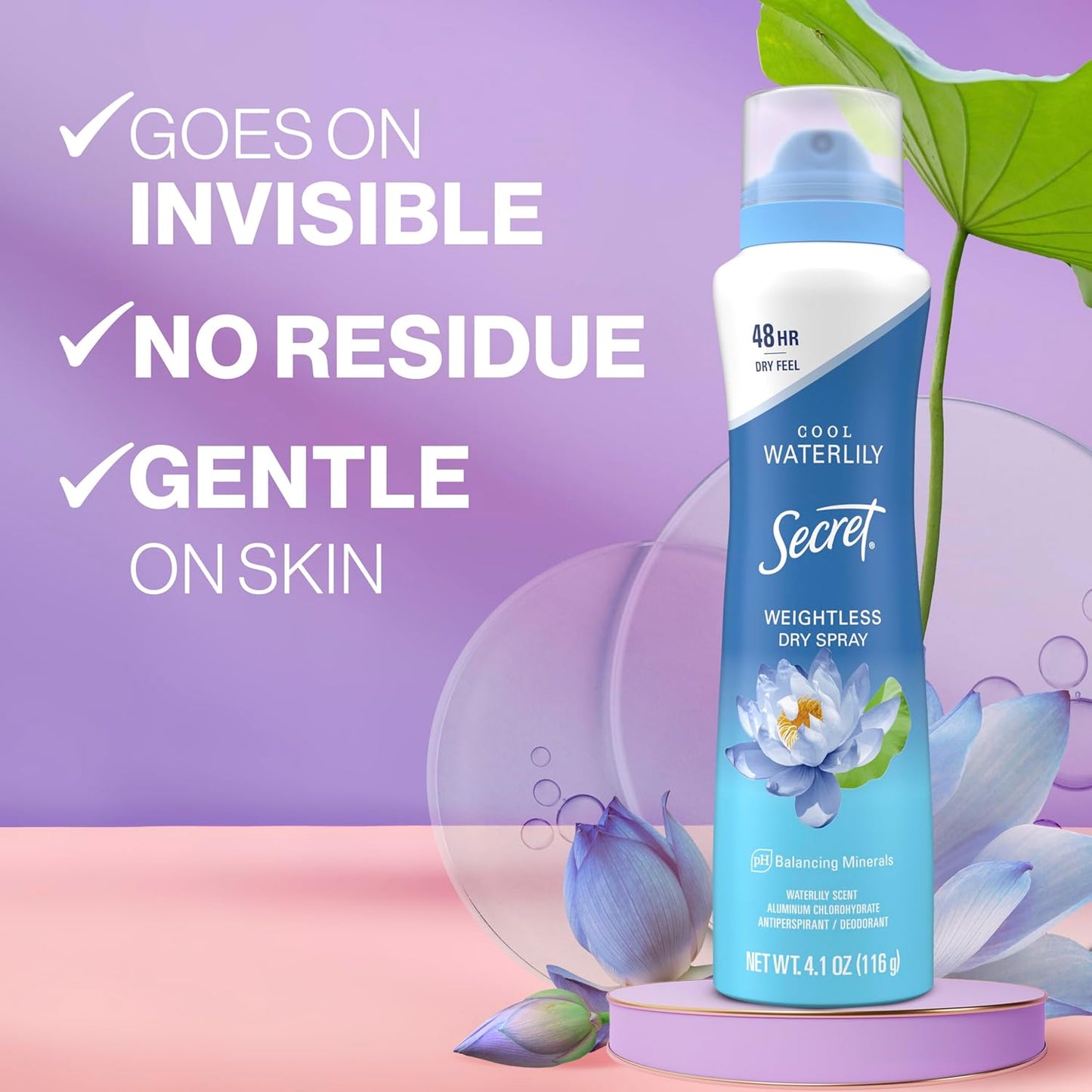 Secret Antiperspirant Deodorant Spray for Women - 48HR Weightless Sweat & Odor Protection | Waterlily & Argan Oil, 4.1 oz (Pack of 3)