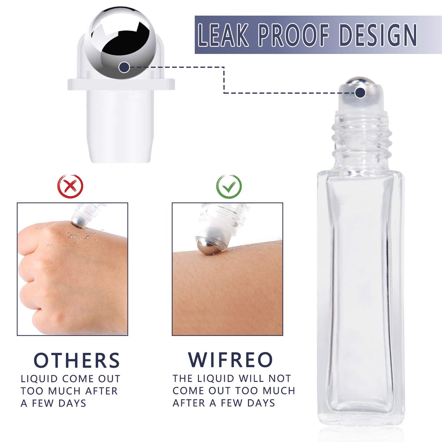 wifreo 20Pcs 10ml Glass Roll On Bottle for Essential Oils, Eco-friendly Refillable Clear Perfume Sample Bottles with Stainless Steel Roller Ball - Portable & Practical