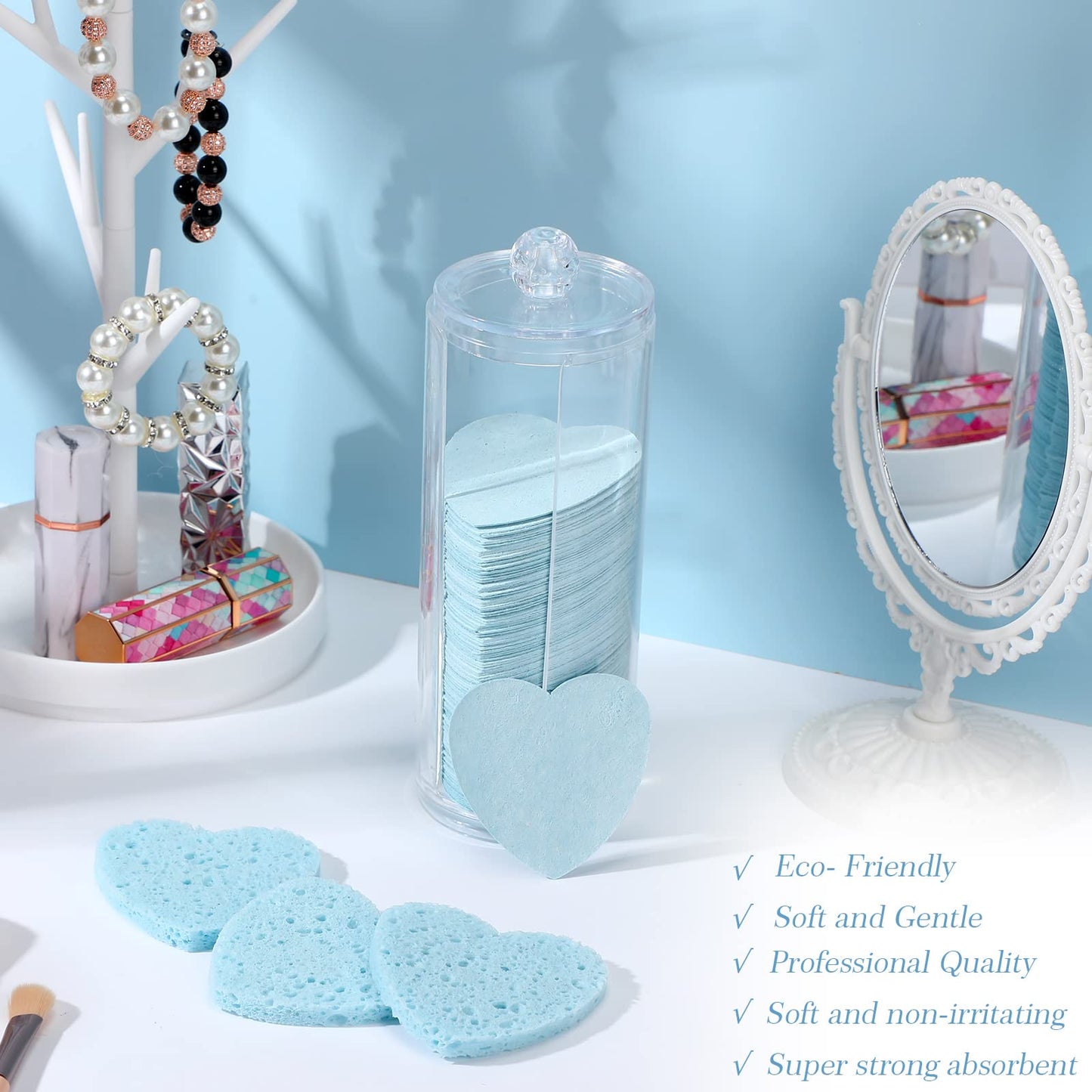Sieral 120 Pcs Compressed Facial Sponges with Container Disposable Face Sponge Pads for Washing Face Cleansing Exfoliating Esthetician Makeup Removal(Heart,Light Blue)