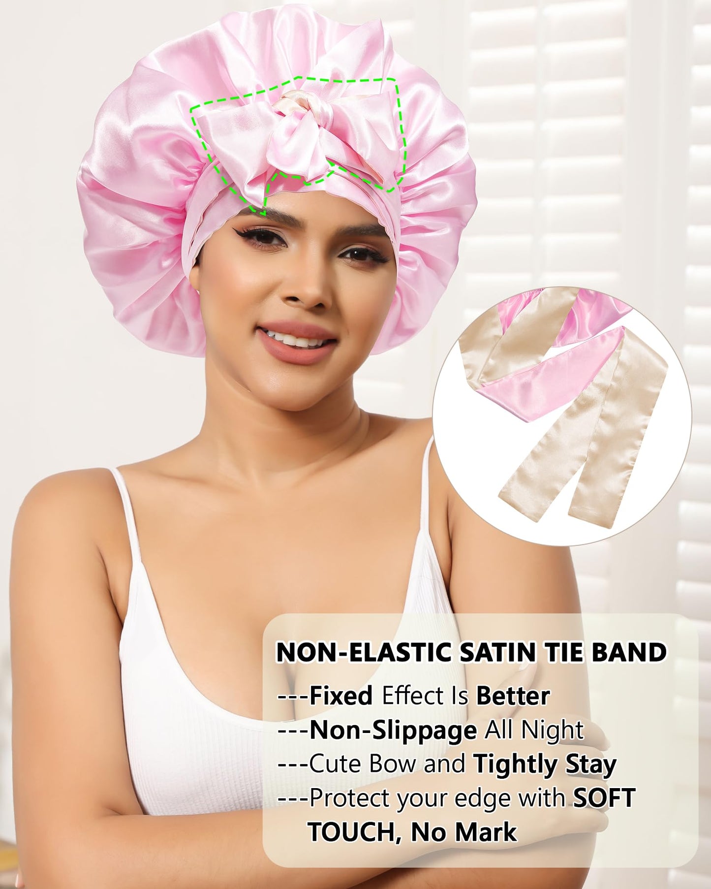 Satin Bonnet Silk Hair Bonnets for Women Curly Hair Wrap for Sleeping Cap Reversible Bonnet with Tie Band Night Cap Double Layer Sleep Cap for Curly Hair (Champagne +Pink)