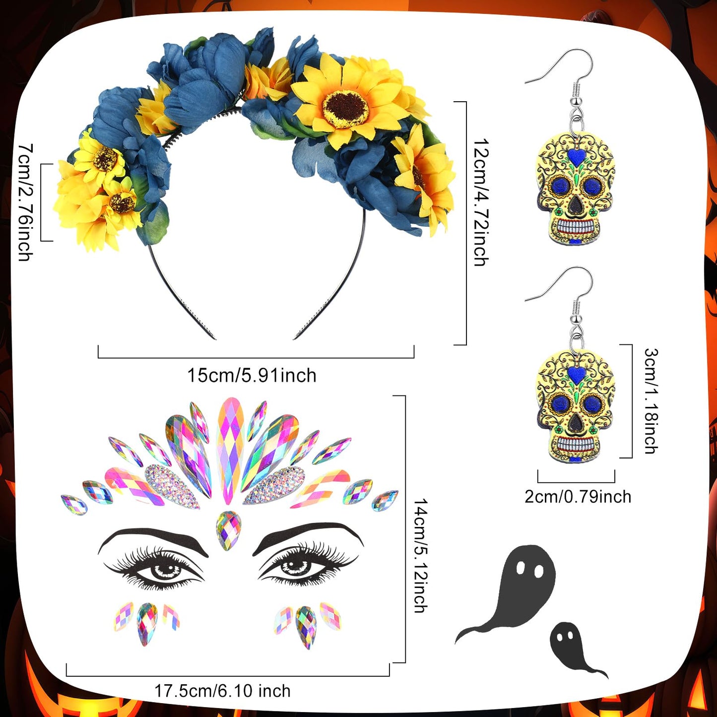 Riceshoot 3 Pcs Day of the Dead Costumes Accessories for Women Halloween Headbands Skull Earrings Gems(Yellow and Blue Hue)