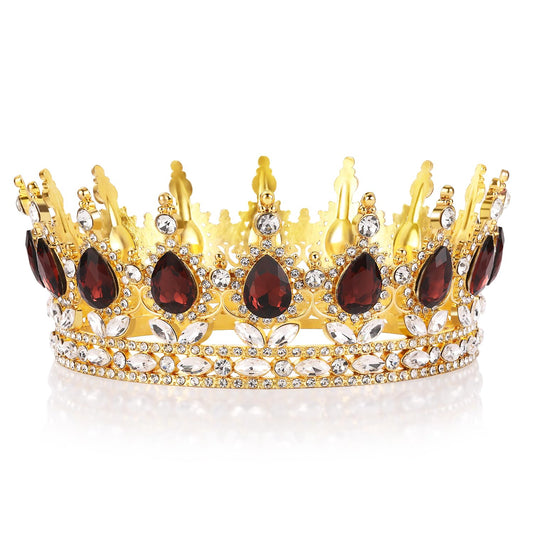 Vinjewelry Full Round Girls Bridal Crown Crystal Gold Baroque Tiaras Sparkly Rhinestone Whine Red Princess Carnival Headdress Jewelry Queen Costume Wedding Prom Birthday Pageant Party Hair Accessories