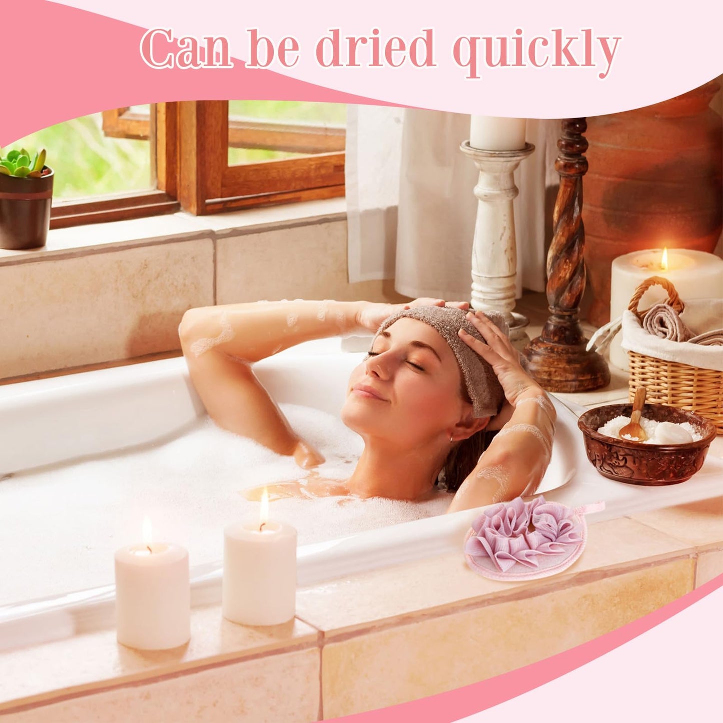 Boao 6 Pcs Bath Shower Pouf Sponge Mesh Pouf Shower Ball Exfoliating Body Sponge Pad Shower Scrubber Ball Shower Glove with Flower Bath Ball (Green,Light Pink)