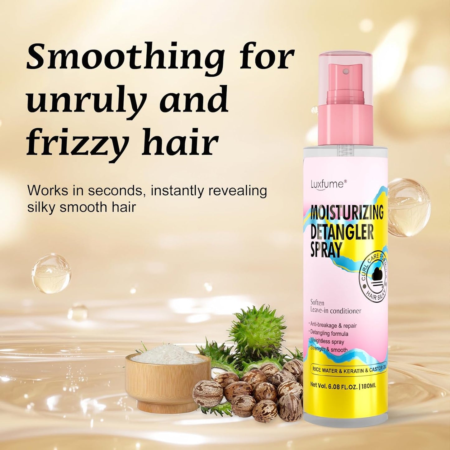 Skiennix Moisturizing Detangler Spray - Curly Hair Care with Rice Water & Keratin | 6.08 oz