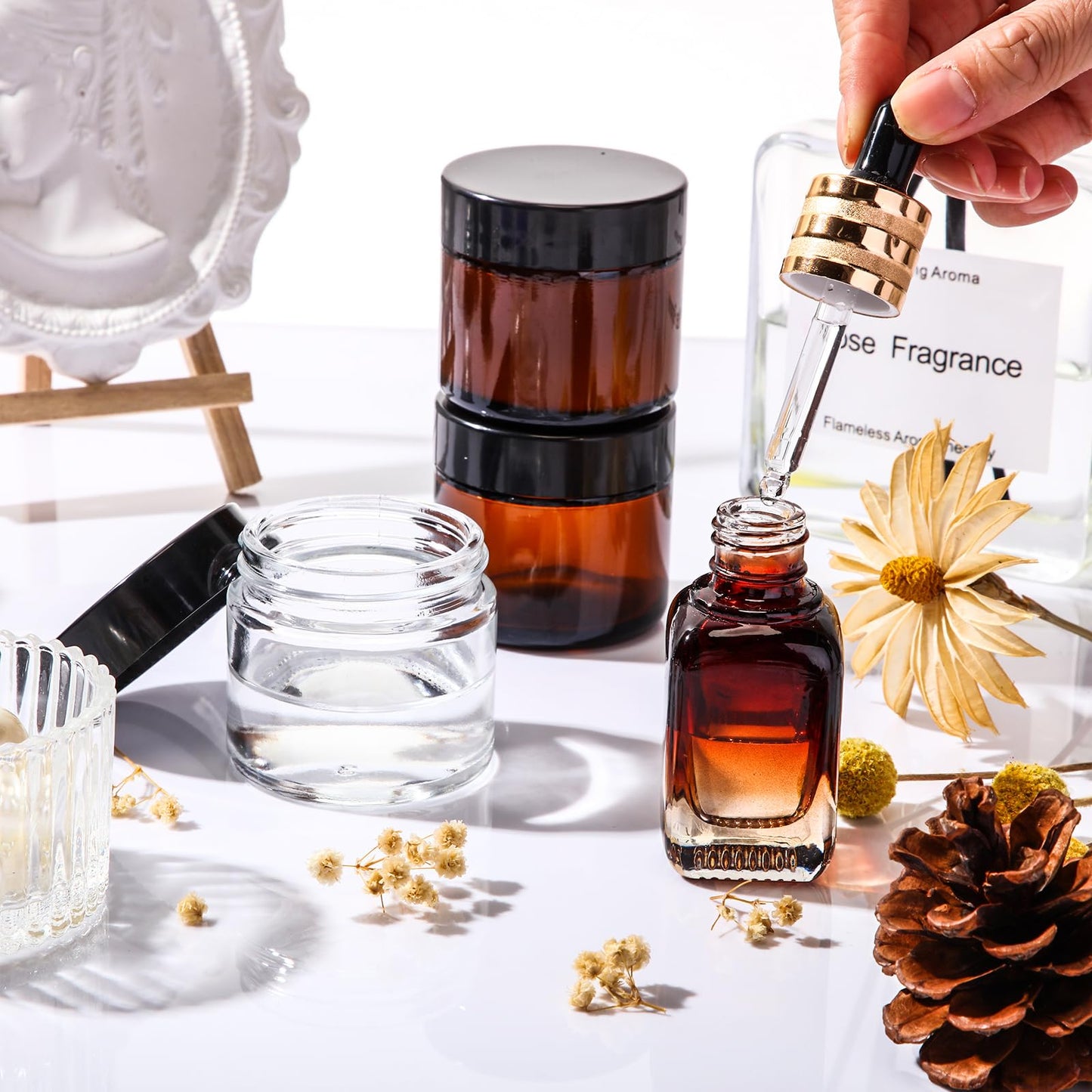 Layhit 60pcs 2 oz Glass Jars with Lids Empty Round Cosmetic Jars with Inner Liners White Labels for Storing Lotions Powders Ointments Candle Making (Clear,Amber,Black)