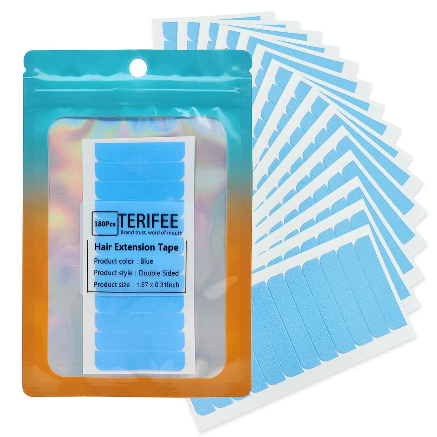 TERIFEE 180PCS Hair Extension Tape,Double Sided Tape Tabs in Tape Blue for the Replacement of Human Hair Extensions 1.57 x 0.31 Inch Tape Extension Replacement Tape