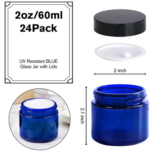 2oz Jars with Lids, Hoa Kinh 24 Pack Blue Glass Jars with Lids Empty Cosmetic Containers Round Airtight Glass Jar with Inner Liners and black Lid for Storing Lotions, Powders, and Ointments