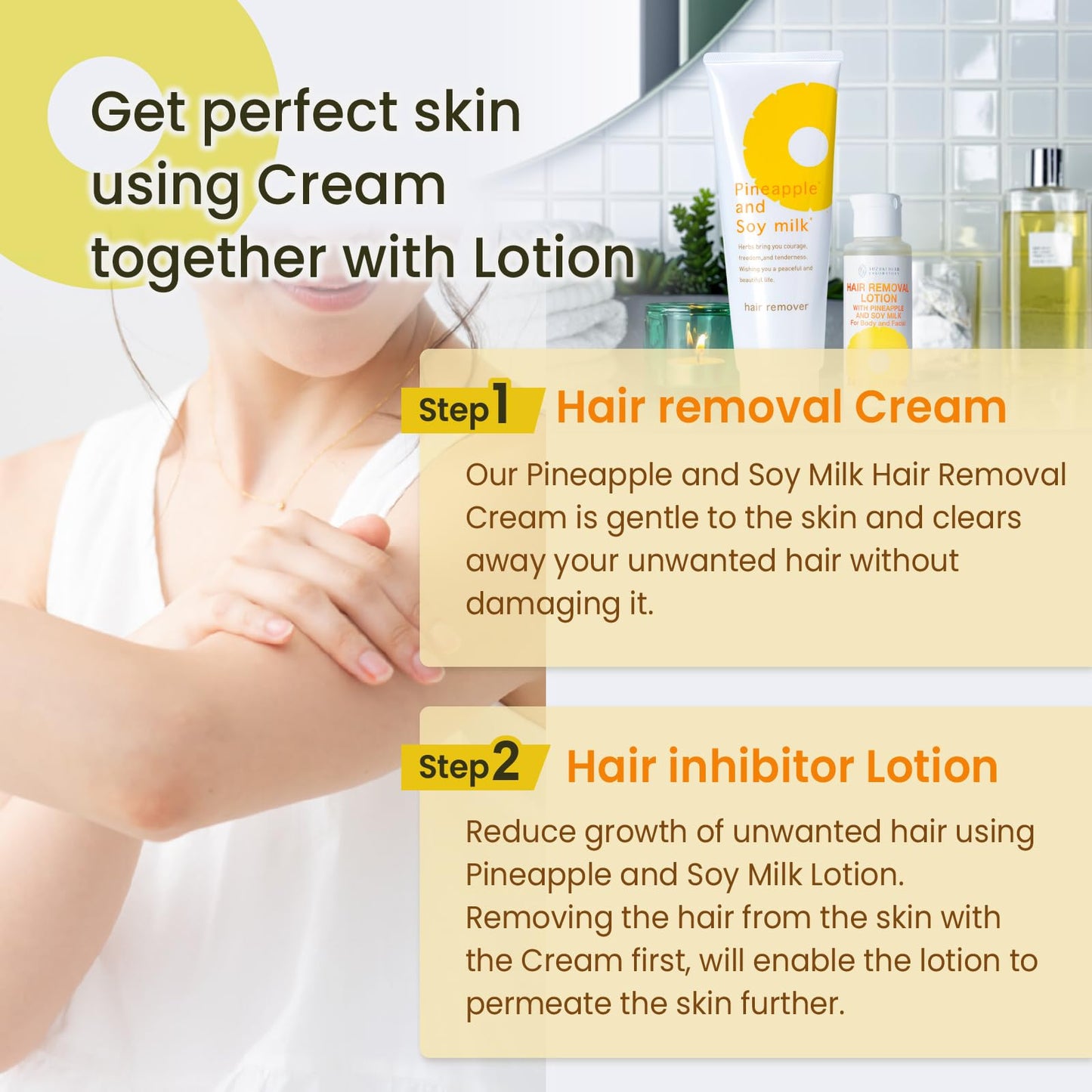 SUZUKI HERB LABORATORY Hair Removal Cream (8.1 OZ / 230g) and Hair Minimizing Lotion (3.52 FL. OZ / 100mL) with Pineapple and Soymilk for Sensitive Skin, Made in Japan