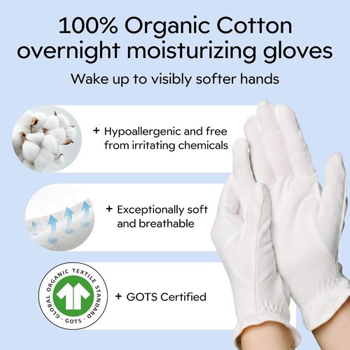 Clearbody Organics 100% Organic Cotton Gloves - Moisturizing Overnight for Dry Hands | Eczema Relief (5 Pairs, Size L)