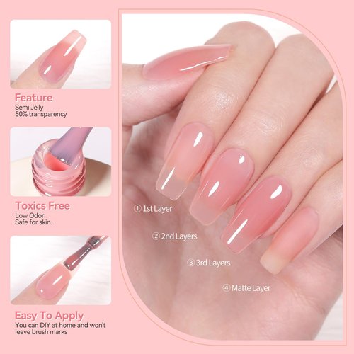 Born Pretty Jelly Pink Gel Nail Polish Nude Pink Sheer Translucent Valentine's Day Gel Polish Milky Natural Gel Polish Set Nail Art Manicure DIY Kit Home Salon 6PCS