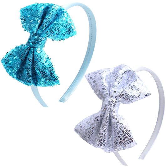 Kiszu Sparkly Sequin Hair Bow Headbands Fashion Glitter Cute Boutique Ribbon Bows for Girls, Kids, and Women (Sliver,Peacock Green)