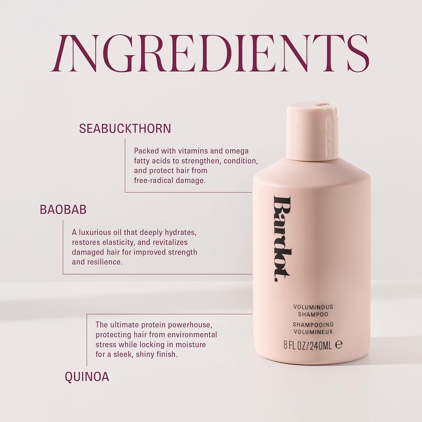Bardot Voluminous Shampoo - Clean Vegan Formula with Sea Buckthorn & Quinoa - Strengthens & Protects Hair
