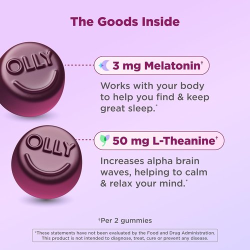 OLLY Sleep Gummy - Sleep Support Supplement with 3 mg Melatonin & L-Theanine | Blackberry Zen Flavor, 70 Count