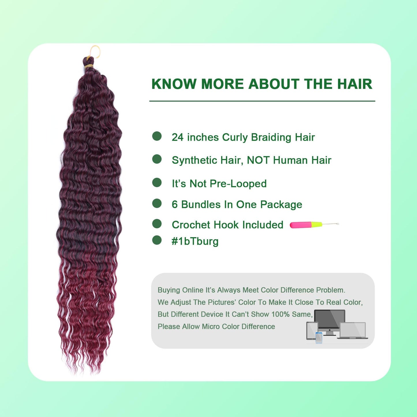 Burgundy Water Wave Crochet Hair Curly Braiding Hair 24 Inch Ocean Wave for Wavy Bohemian Boho Braids 6 Packs