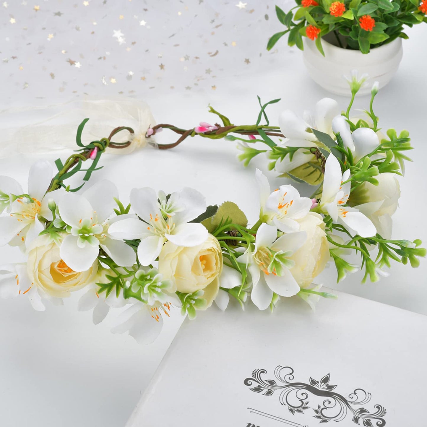 YnimioAOX Handmade Adjustable Flower Wreath Headband Halo Floral Crown Garland Headpiece,O1-White apricot