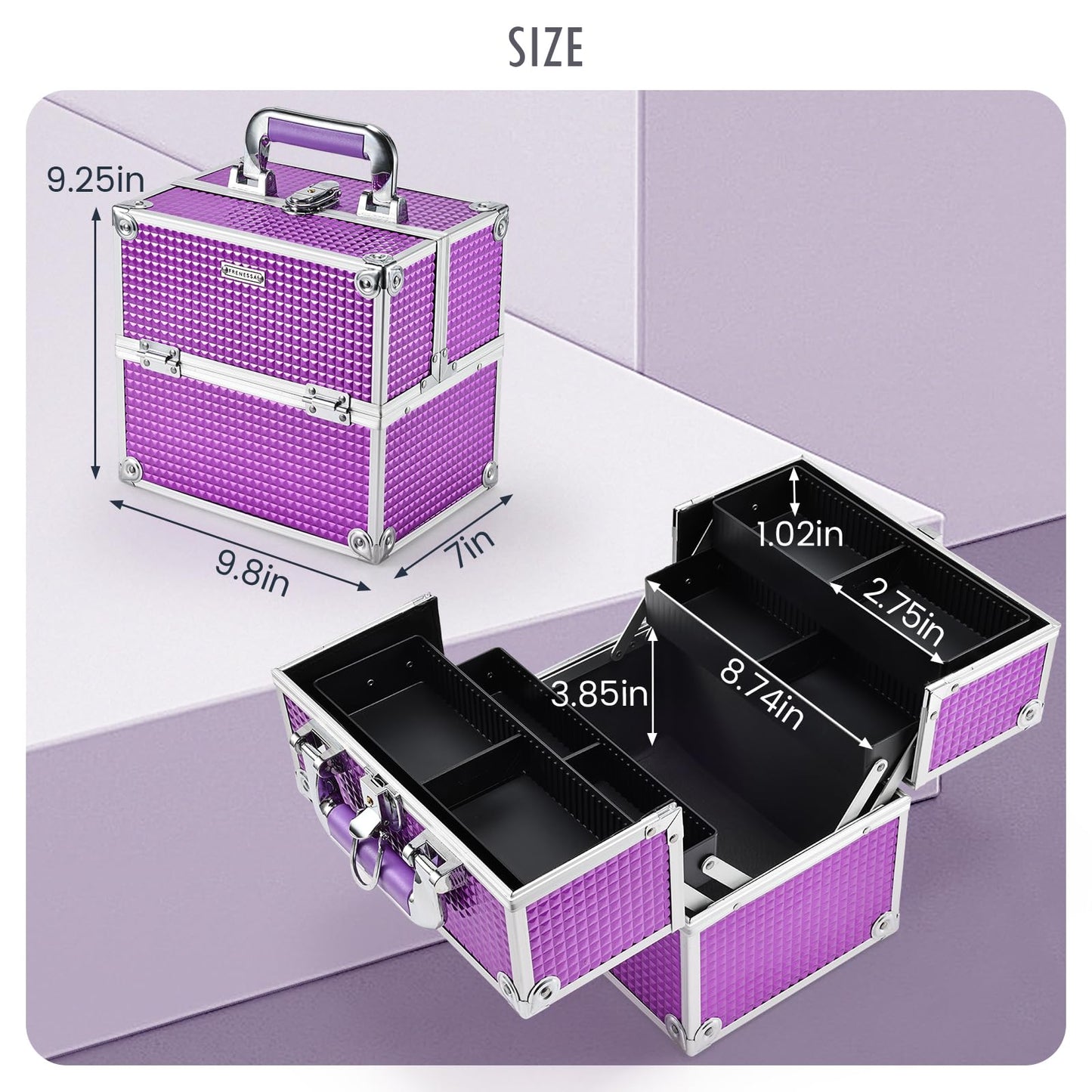 Frenessa Makeup Train Case Cosmetic Box Organizer Storage Portable 4 Trays Jewelry Storage Organizer with Lockable Dividers for Makeup Artist, Crafter, Makeup Tools Traveling Makeup Case Purple