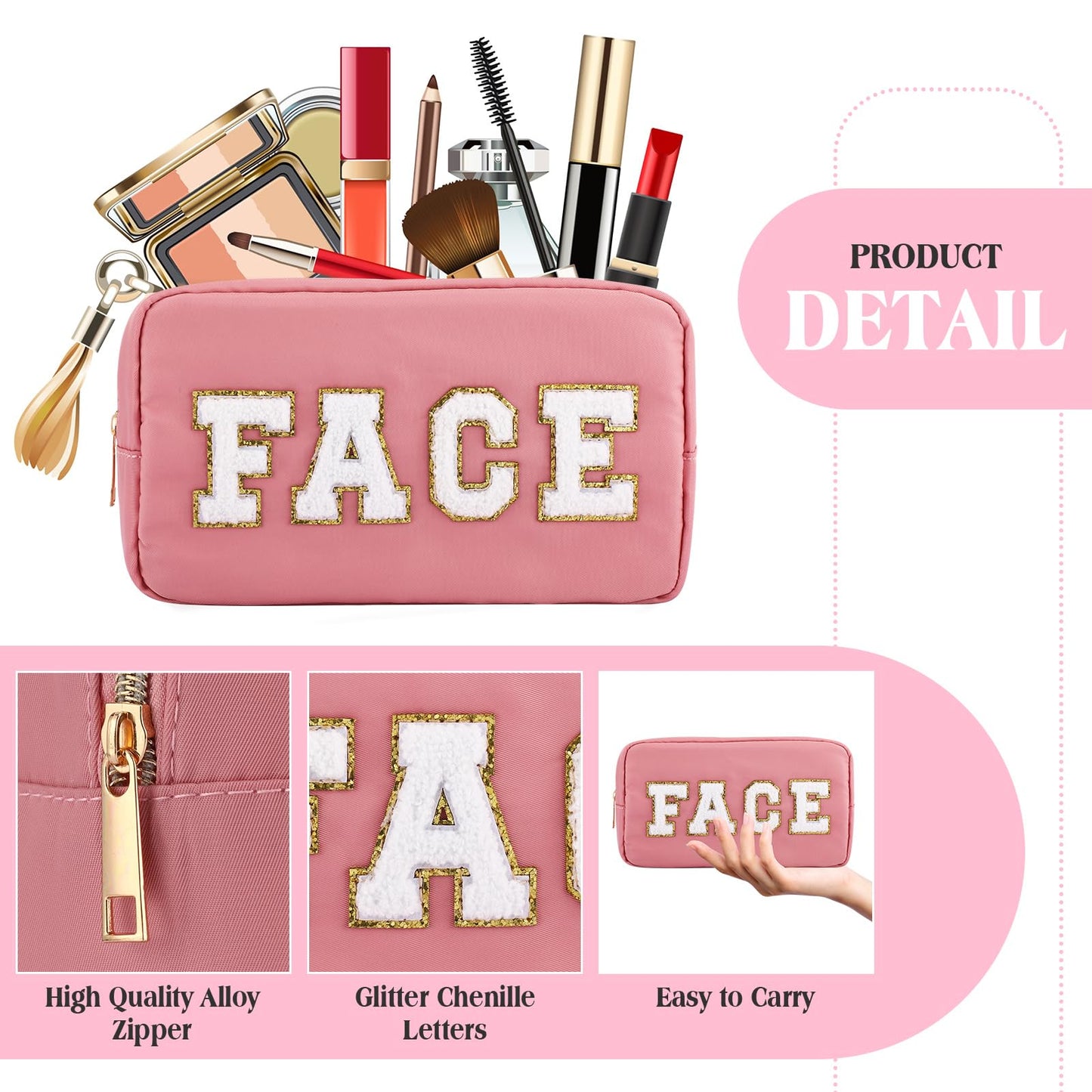 Kajaia 4 Pcs Preppy Makeup Bags Chenille Letter Stuff Bag Cute Cosmetic Pouch Cases for Women Trave Toiletry spend the night(Beige, Powder, Milk White, Pink,Grace)