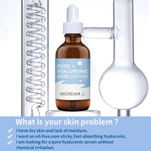 Hicream Hyaluronic Acid Serum - Brightening & Hydrating Face Moisturizer | 100% Pure, Non-Greasy, 2 Oz