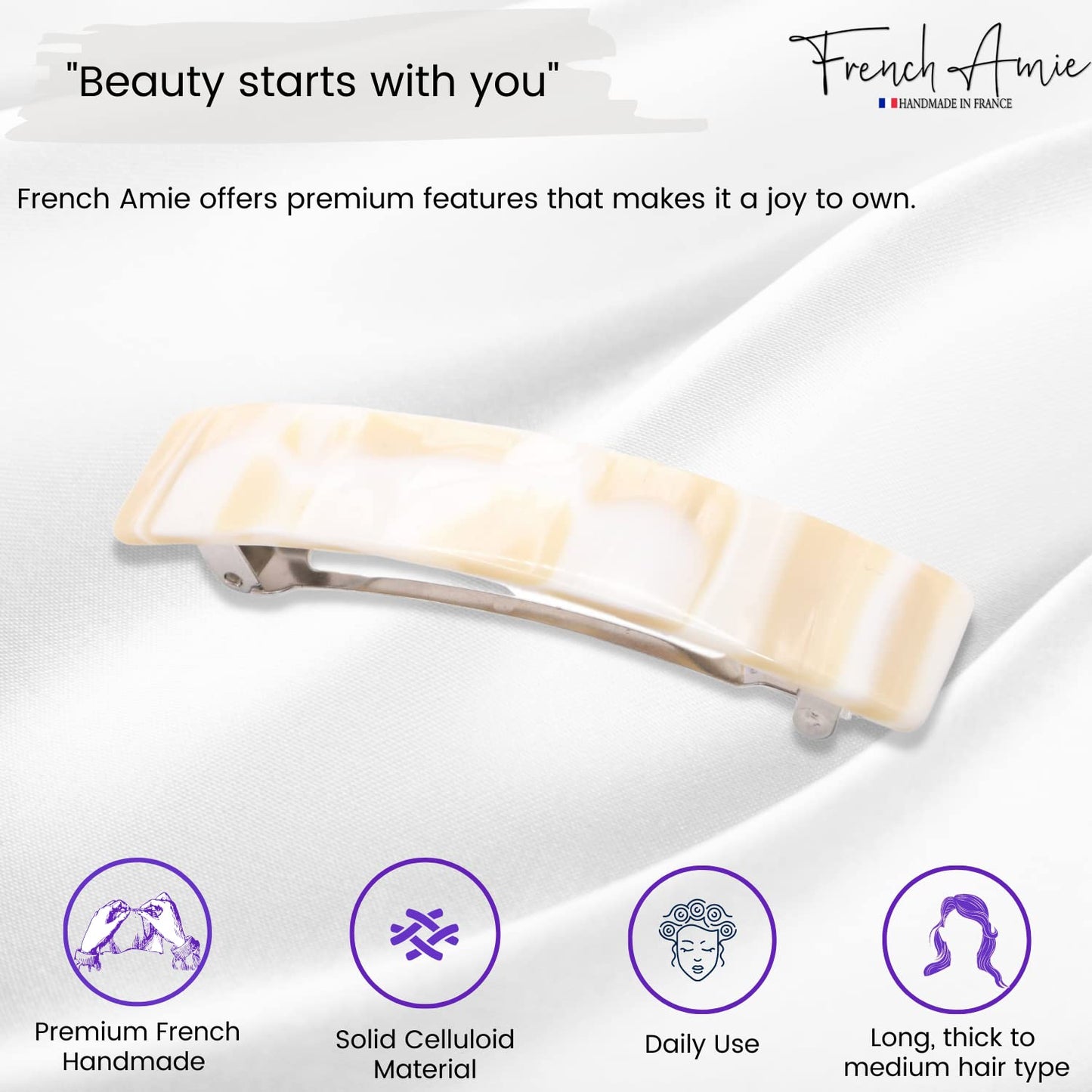 French Amie Oblong Handmade 3.5" Celluloid Automatic Hair Clip Barrette Hair Clip for Girls Strong Hold Hair Clips for Women No Slip Durable Paris Hair Accessories, Made in France (Cream Nouget)