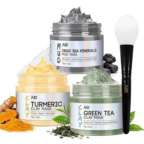 ANAI RUI Face Mask Set - Turmeric, Green Tea & Dead Sea Mud Masks for Oily Skin - Spa Gift Set for Women & Teens, 2.5 oz Each