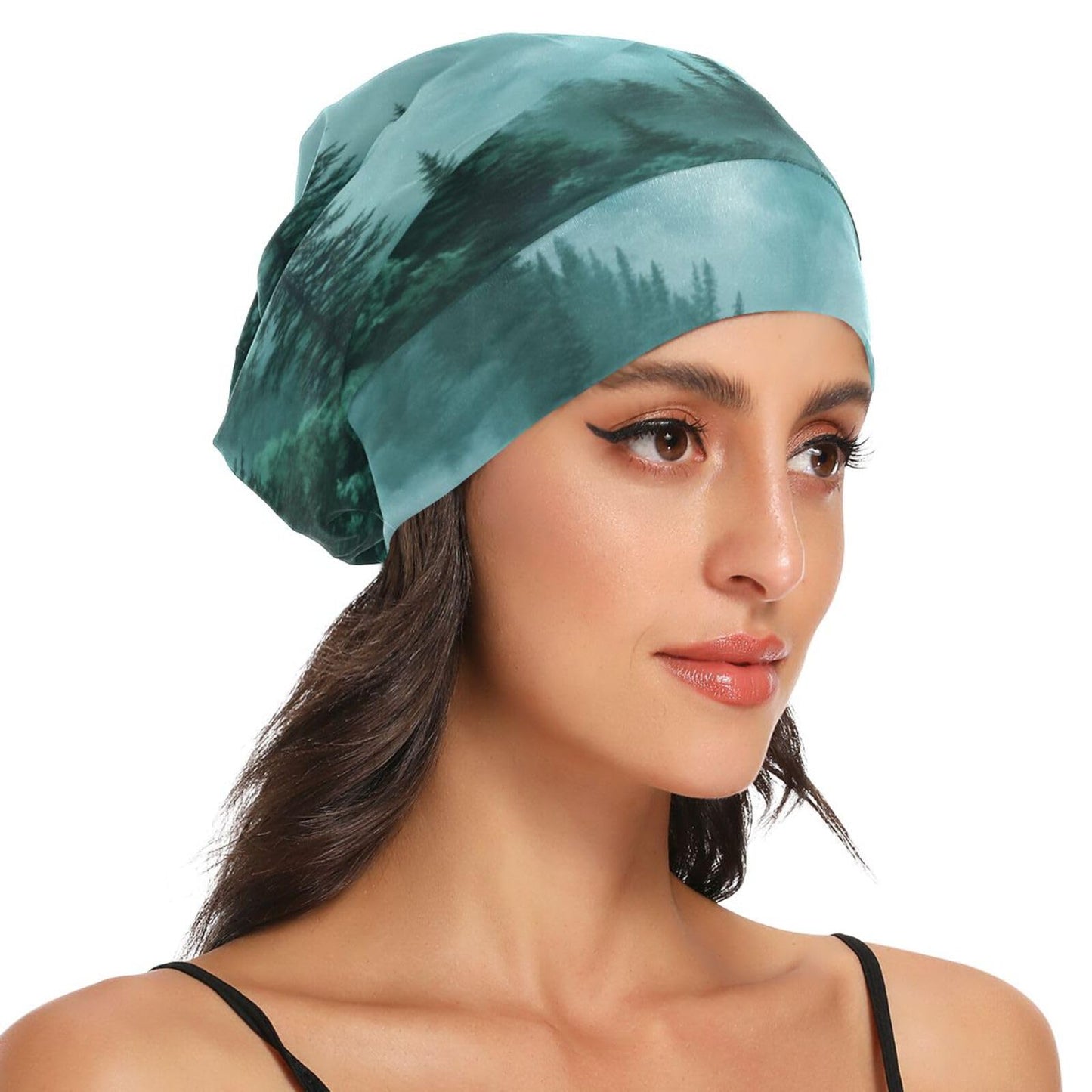 ElliTarr Beanie Hat Satin Bonnet Lined Sleep Cap Hair Wrap Cover Slouchy Beanie for Curly Hair Protection for Gifts for Men Women Foggy Green Mountains and Pine Trees