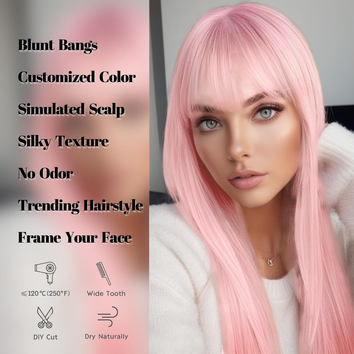 FANCEE Pastel Pink Wig with Bangs Long Straight Wig with Blunt Bangs for Women 26 Inch Synthetic Sakura Pink Wig with Layered Ends for Cosplay Halloween Party Daily Use