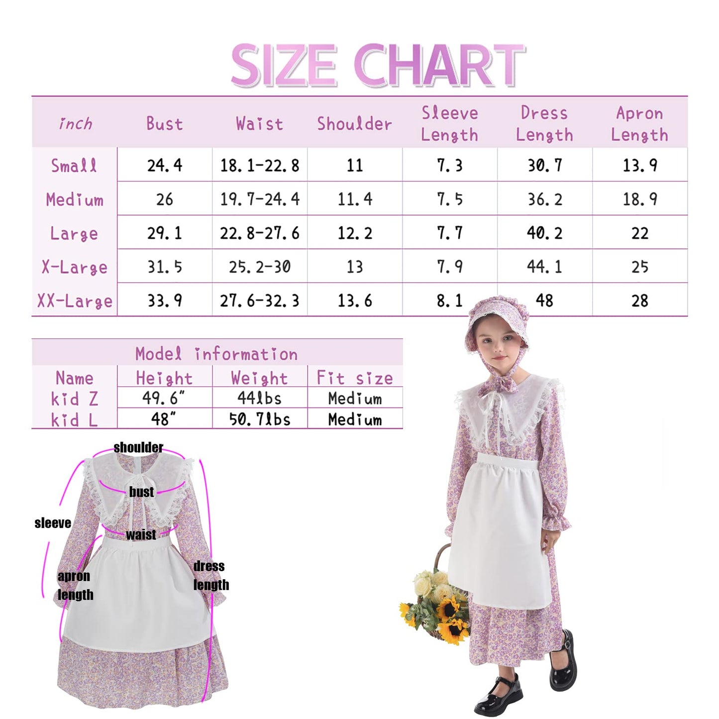 LTAKK Prairie Dresses for Girls Pioneer Colonial Costume Girl Pilgrim Dress with Shawl, Apron and Bonnet, Violet, Large