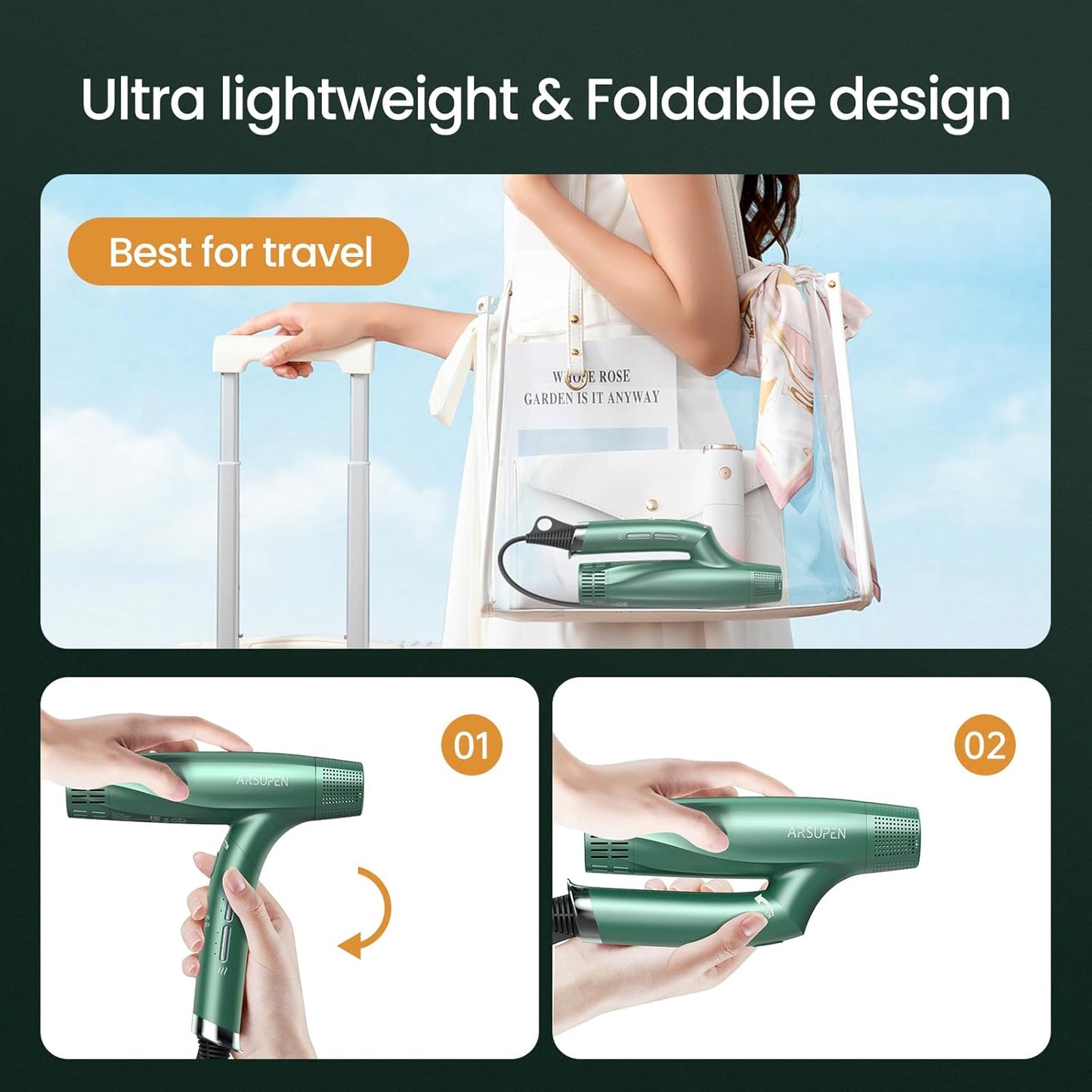 Skiennix Compact Negative Ion Hair Dryer - Lightweight, Foldable Design with Diffuser for Fast Drying