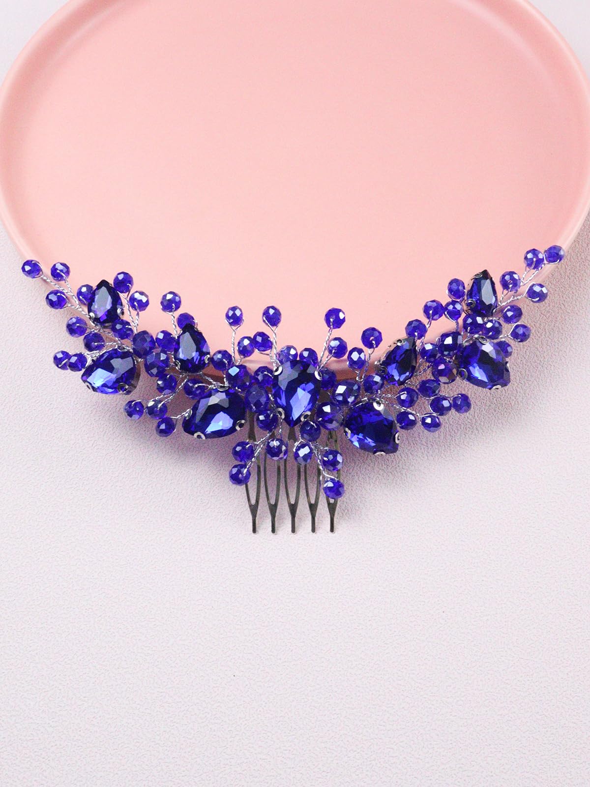 Brihasory Bride Wedding Hair Comb Rhinestone Bridal Hair Accessories Flower Hair Piece Party Prom Valentine Day Side Comb Crystal Hair Clips for Women and Girls Hair Decoration(Blue)