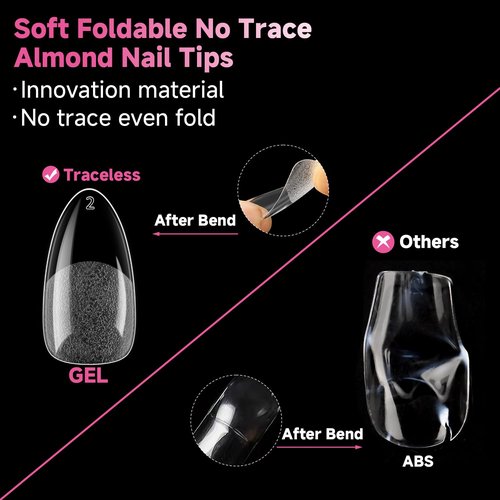 UNA GELLA 504Pcs Medium Pointed Almond Nail Tips, Pre-shape Almond Gel Nail Tips Half Matte Full Cover Acrylic Clear Press on Fake Nails Tips for Nail Extension Nail Art DIY Salon 12 Sizes
