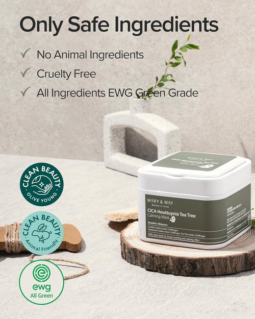 Mary&May CICA Houttuynia Tea Tree Calming Mask - Soothing Daily Sheet Mask for Hydration | 30 Hypoallergenic Sheets