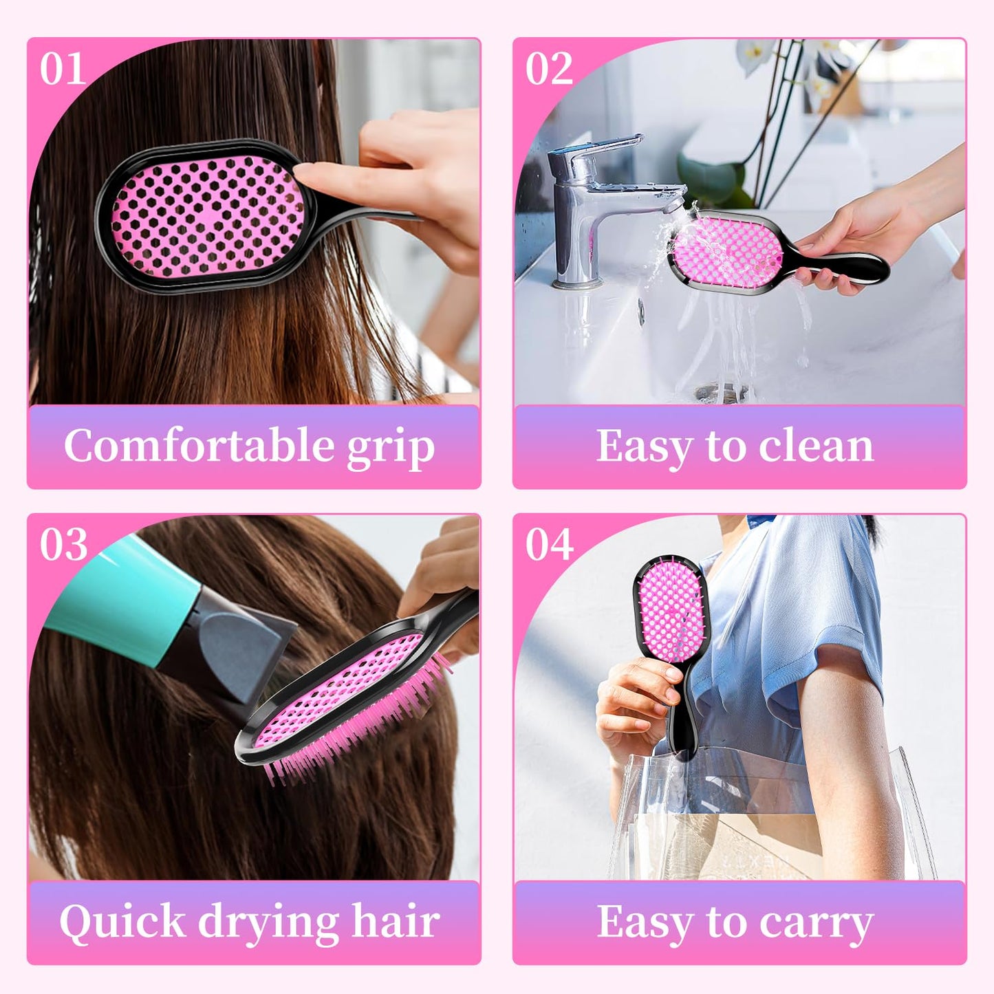 Skiennix Detangling Brush Set - Gentle & Effective for Wet/Dry Hair Types | Ultra-Light, Ventilated (Pink, Purple, Green, Black)