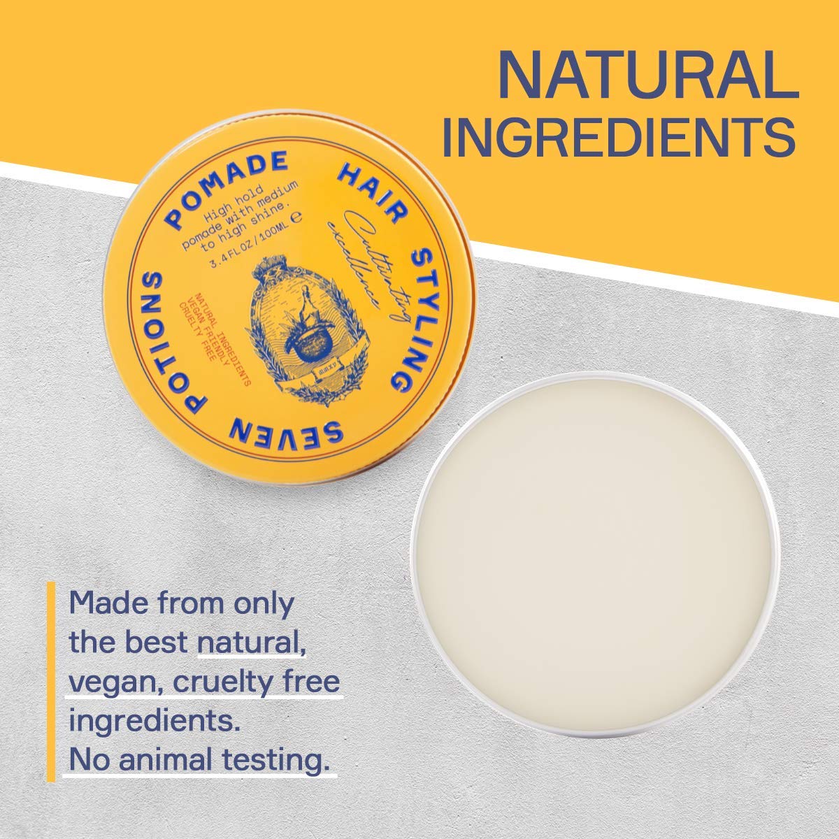 Seven Potions Men’s Hair Pomade - High Shine & Hold | Water-Based, Vegan & Cruelty-Free - 3.4 fl oz / 100ml