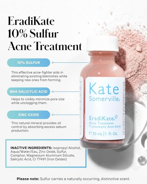 Kate Somerville EradiKate Acne Treatment - 10% Sulfur & BHA Medicated Cream for Clear Skin | 1 Fl Oz