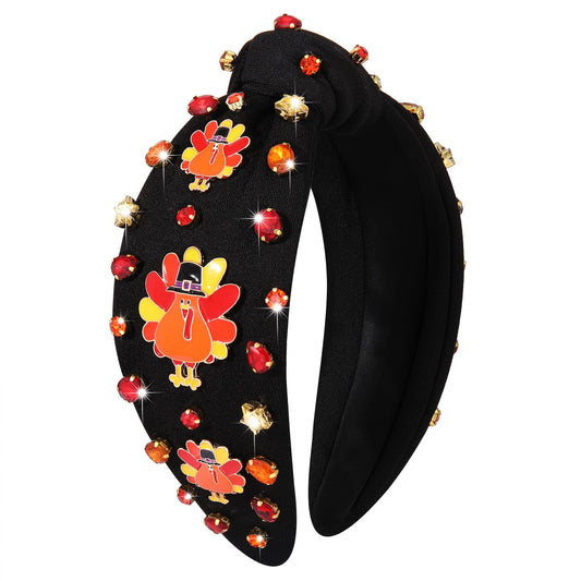 JERTOCLE Thanksgiving Headband Accessories for Women Fall Turkey Headband Crystal Knotted Headband Autumn Thanksgiving Costume Outfits (Black Turkey2)