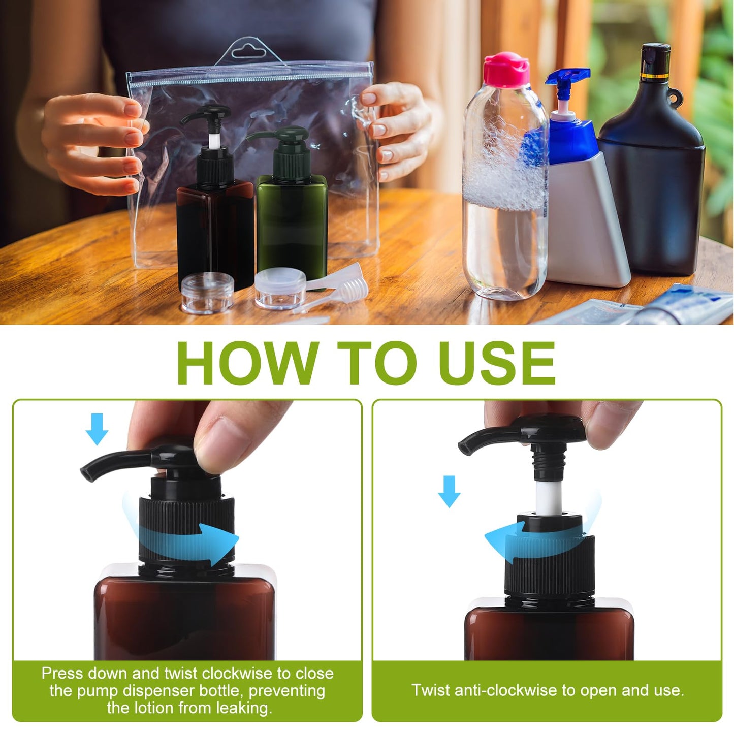 Domensi 12 Pcs 100ml /3.4 oz Pump Bottle Mini Travel Bottles Small Dispenser Containers Plastic Pump Lotion Dispenser Empty Square Travel Size Containers Toiletries (Green,Brown)