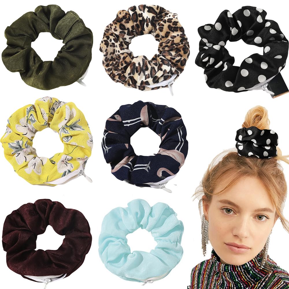 DINPREY Women Premium Velvet Scrunchie with zipper pouch, 7 Count Hair Ties, Soft Stash Hair Elastic Ties for Vsco Girl Stuff, Rainbow