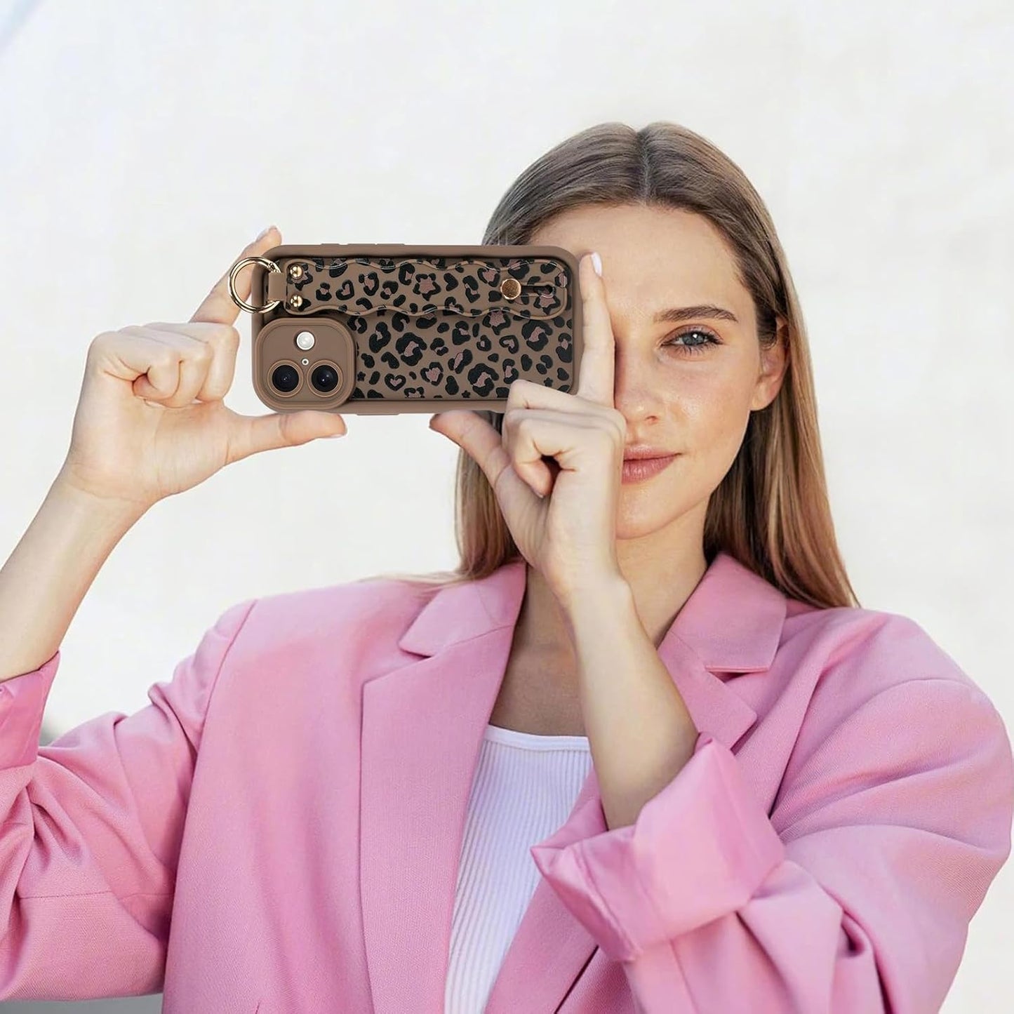 Skiennix iPhone 16 Case - Cute Brown Leopard Design with Finger Strap & Kickstand, Durable Silicone Cover